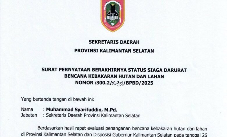 Pemprov Kalsel Nyatakan Status Siaga Darurat Karhutla Resmi Berakhir
