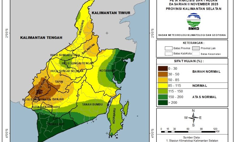 BMKG Staklim Kelas I Kalsel: Update Analisis dan Prediksi Curah Hujan Kalimantan Selatan Dasarian II–III November 2025