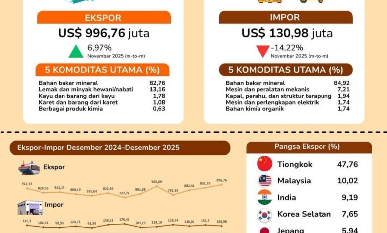 Awal Tahun 2026 Naik 6,97 Persen, BPS Kalsel Rilis Ekspor Barang Asal Kalsel Capai US$996,76 juta