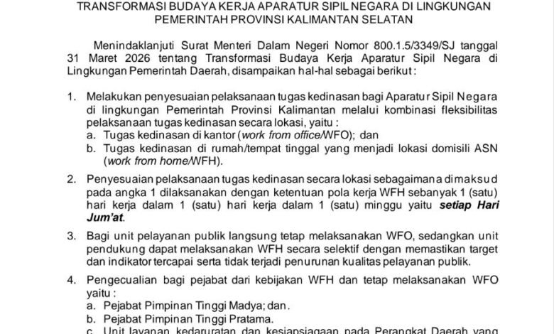 Pemprov Kalsel Terapkan Transformasi Budaya Kerja ASN, WFH Setiap Jumat
